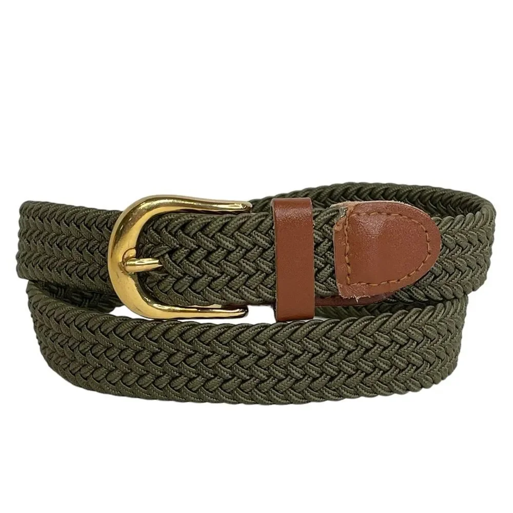 Army Green Stretchy Woven Belt Brown Trim Brass Toned Buckle Men's 28-30